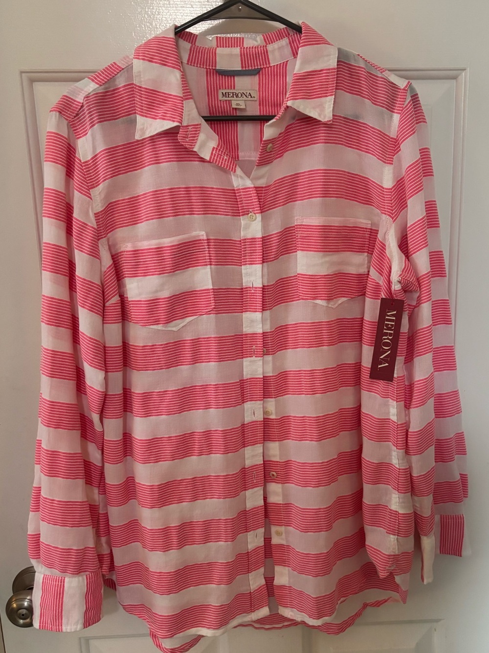Merona Pink and White Striped Collared Shirt NWT